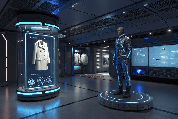 Fashion NFT showcase featuring digital clothing and physical twin products