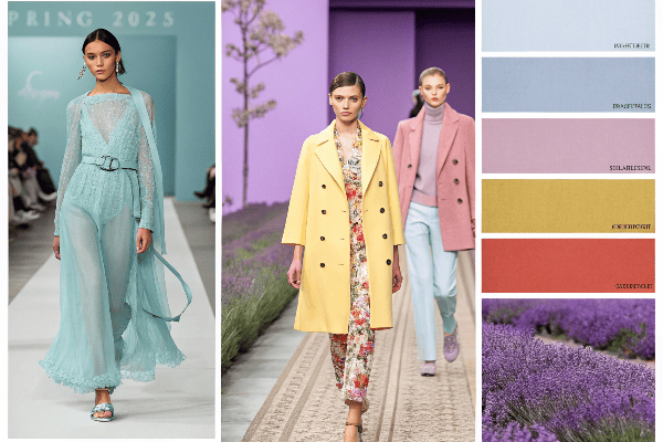 Spring 2025 fashion runway showing models in trending color palette