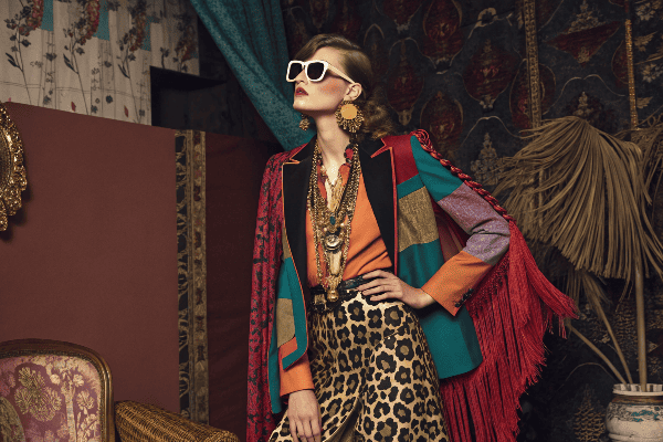 Fashion maximalism showing colorful patterns and textures