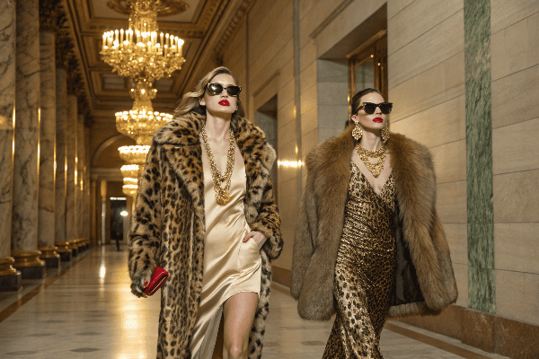 [Mob Wife aesthetic](https://www.harpersbazaar.com/fashion/a46493231/mob-wife-aesthetic-trend-explained/)[^1] fashion runway showing fur coats and statement jewelry