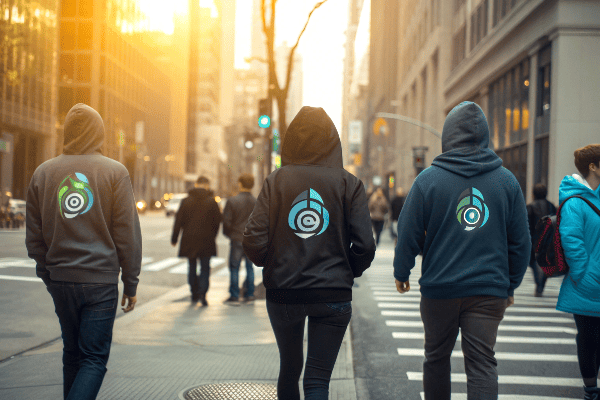 Custom branded hoodies on a diverse group of employees