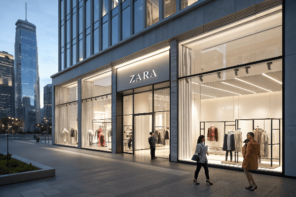 Zara storefront with modern displays and customers shopping