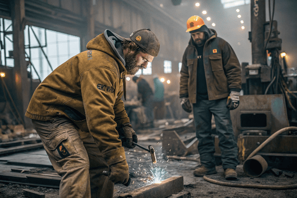 Carhartt and Dickies workwear products displayed