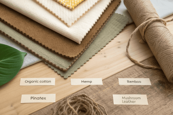 Sustainable fabrics displayed on wooden table