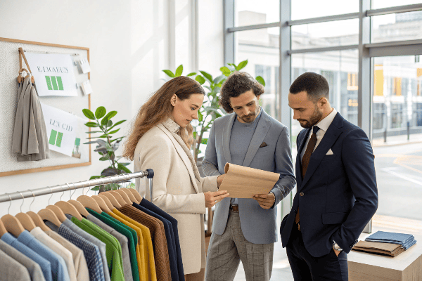 Global apparel buyers examining sustainable fabric samples