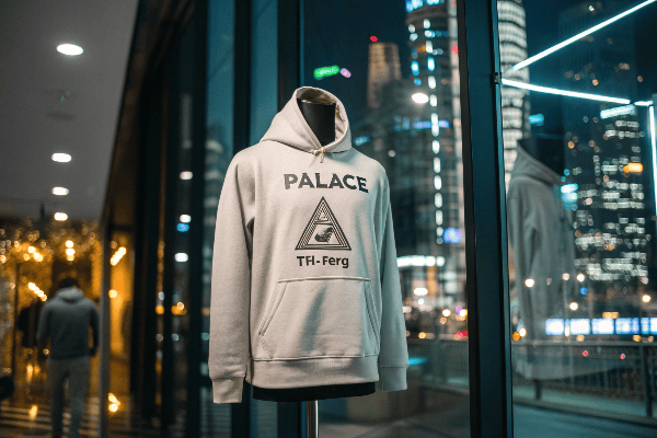 Palace hoodie displayed on mannequin with urban background