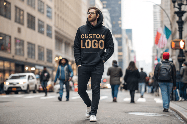 Person wearing custom branded hoodie in urban setting