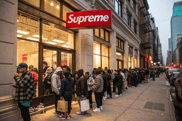 Supreme store with customers waiting in line