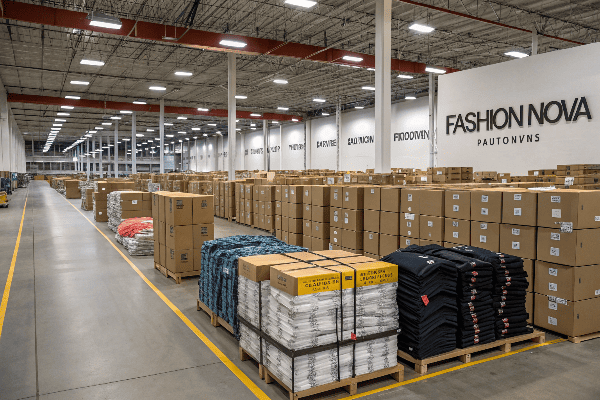 Fashion Nova warehouse with bulk clothing packages and inventory