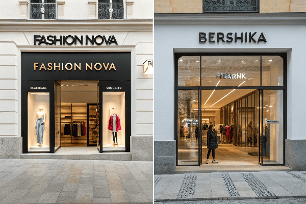 Fashion Nova and Bershka store fronts comparison