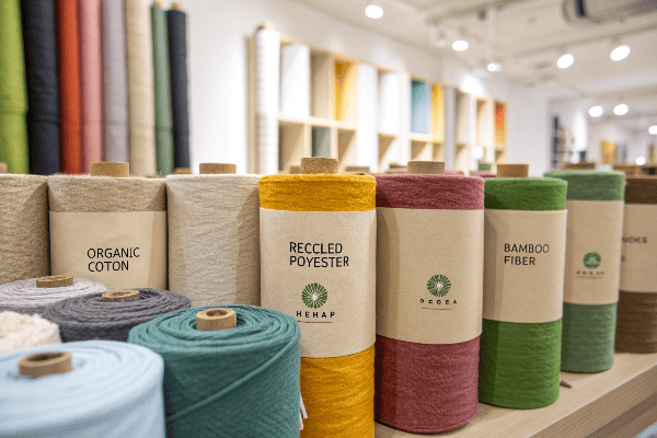 Sustainable fabric rolls in various colors and textures