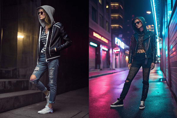 Models showcasing indie sleaze elements with flash photography