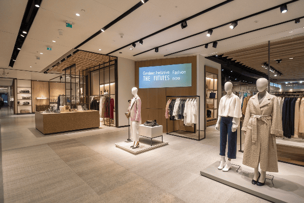 Retail floor showing gender-neutral department with diverse mannequins