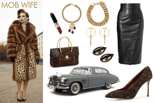 Woman wearing fur coat with leopard print and gold jewelry exemplifying mob wife aesthetic