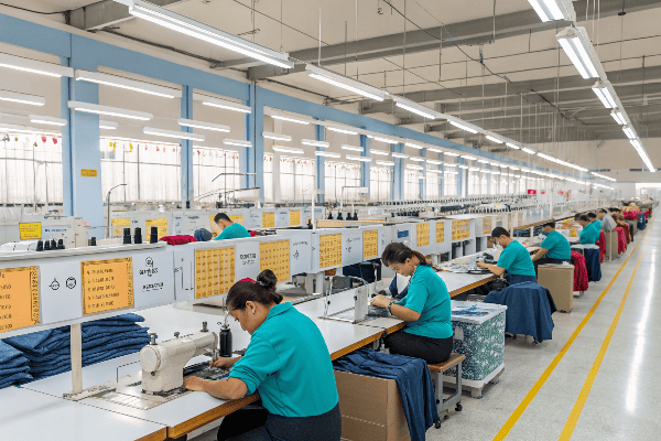 Factory workers in a clothing manufacturing facility working on garments