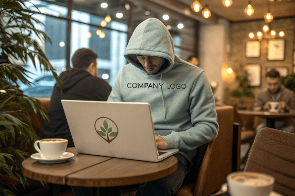 Person wearing branded hoodie while working at a coffee shop