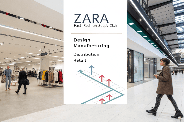 Diagram showing Zara's supply chain from design to retail