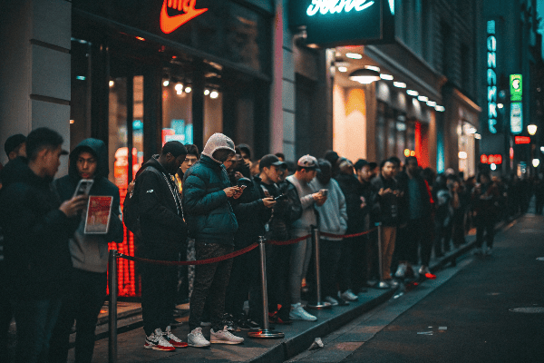 People waiting in line outside a store for limited release