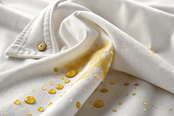 Close-up of yellow sweat stains on white fabric