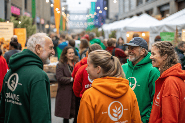 Multiple people wearing branded hoodies at community event