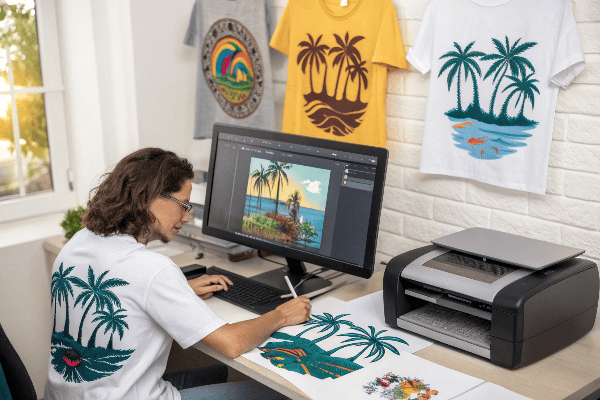 Designer preparing artwork for T-shirt printing
