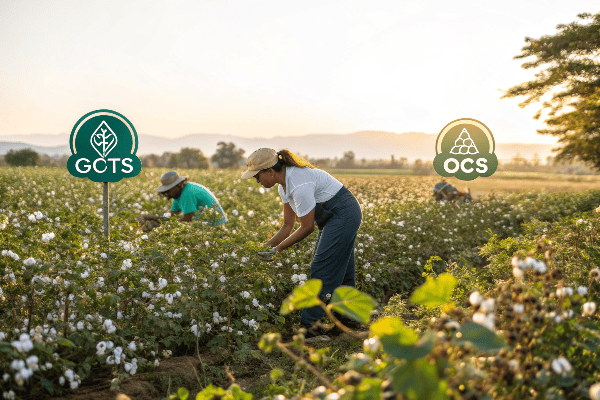 Organic cotton field with workers harvesting