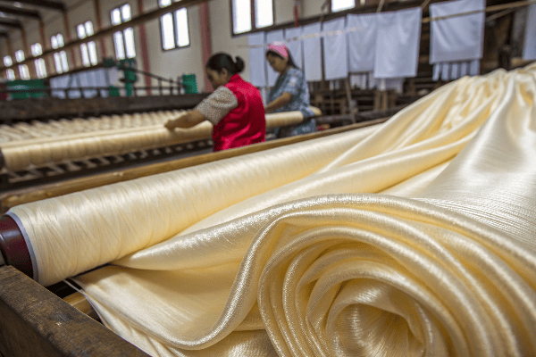 Close-up of silk fabric texture and production