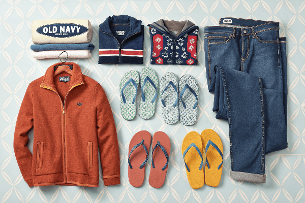 Various Old Navy signature products including flip flops and fleece jackets