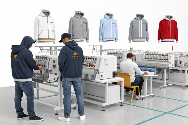 Manufacturing facility showing hoodie production process