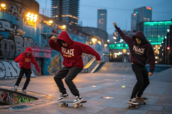 Cultural influencers wearing Palace hoodies at public event