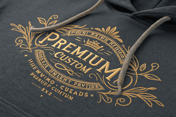 Close-up details of quality embroidery on premium hoodie