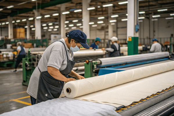 Factory worker preparing fabric for large production run
