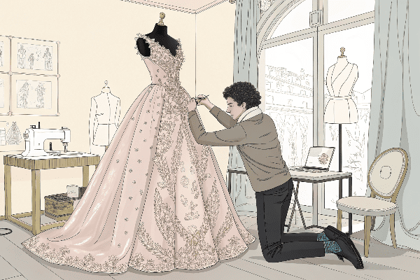 Fashion designer working on a haute couture gown in atelier