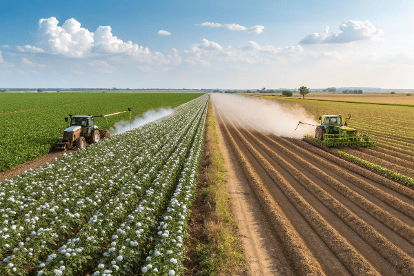 Cotton field comparison showing conventional vs organic farming methods