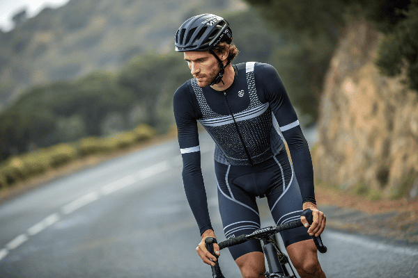 Professional cyclist wearing high-end cycling bib