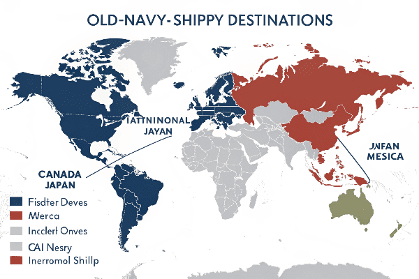 World map highlighting Old Navy's international shipping destinations