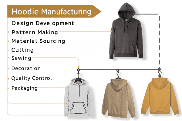 Step-by-step hoodie manufacturing process diagram