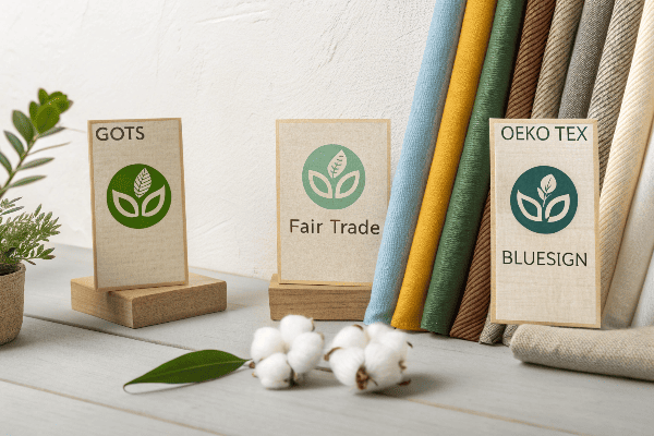 Certification logos displayed on fabric