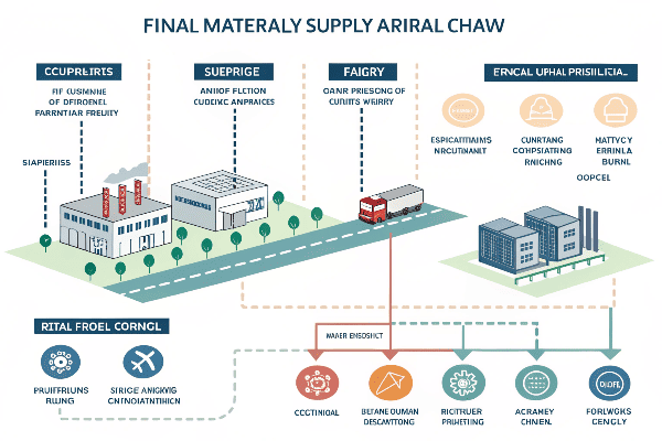 Supply chain visualization showing material flow from source to final product