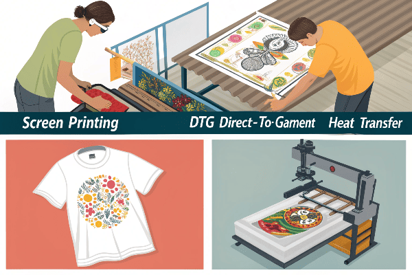 Different T-shirt printing methods in action