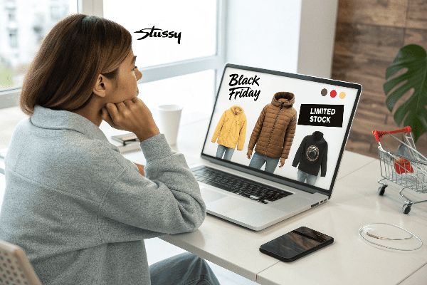 Person contemplating Stussy purchase with calendar showing Black Friday date