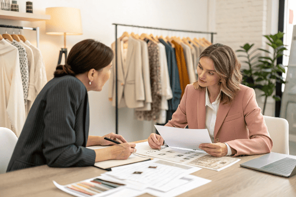 Business meeting with supplier negotiation documents and samples