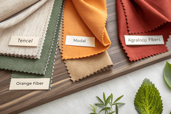 Various plant-based fabric samples displayed on a table