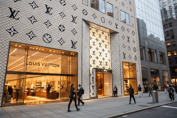 Louis Vuitton flagship store with distinctive monogram pattern