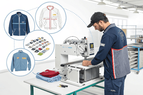 Factory worker customizing apparel with specialized equipment