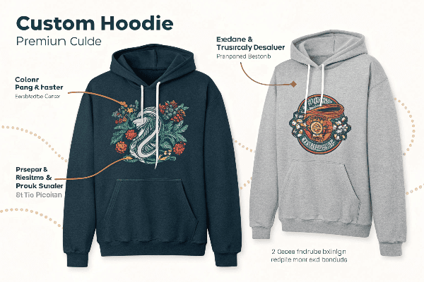 Close-up comparison of embroidered vs printed logo on hoodies