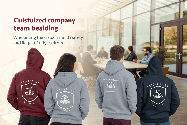 Team members wearing matching custom hoodies at company event