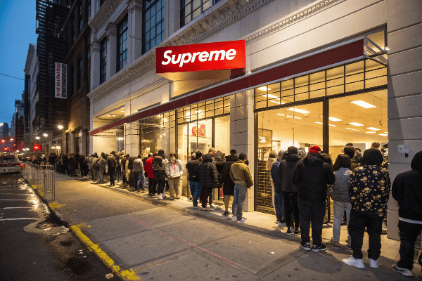 Supreme storefront with customers in line