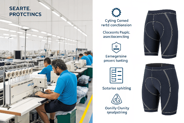 Custom bike shorts manufacturing process showing workers and machinery