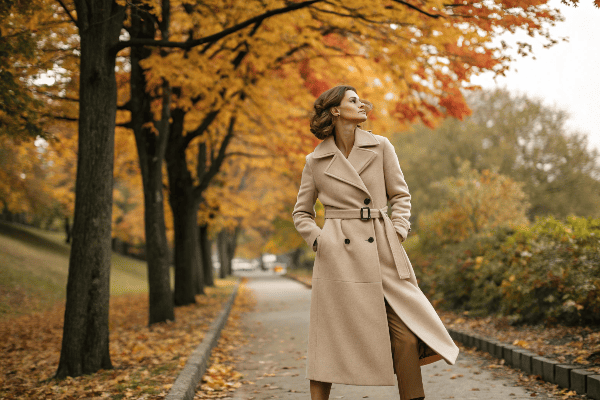 Woman wearing beige longline gabardine coat in autumn setting